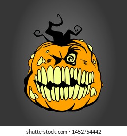 Hand drawn Halloween pumpkin greeting card celebration design element. Holiday vector illustration over dark gray.