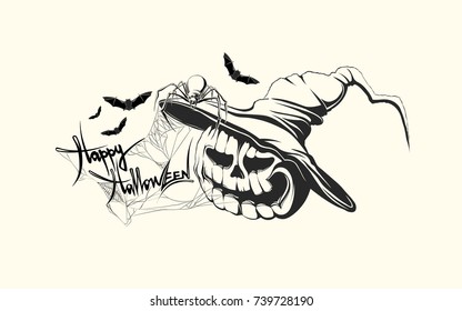 Hand drawn halloween pumpkin, hat, bat, spider, cobweb, scary, holiday, vector illustration
