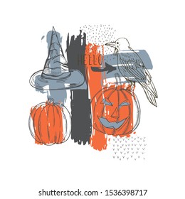  Hand drawn halloween pumpkin and raven. Vector sketch illustration.