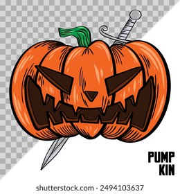 hand drawn Halloween pumpkin with a scary face. Jack O Lantern pumpkin illustration.