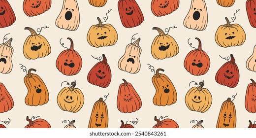 Hand drawn halloween pumpkin seamless pattern. Autumn season illustration. Colored pumpkins for harvest time.  Funny flat halloween illustration.