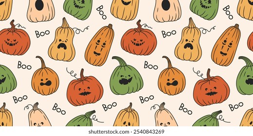 Hand drawn halloween pumpkin seamless pattern. Autumn season illustration. Colored pumpkins for harvest time.  Funny flat halloween illustration.