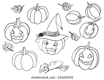 Hand drawn Halloween pumpkin set. Vector illustrations.