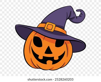 Hand drawn Halloween pumpkin with witch hat, brush stroke style, isolated on transparent background (PNG), perfect for Halloween party posters, brochures, or online ads, vector illustration.