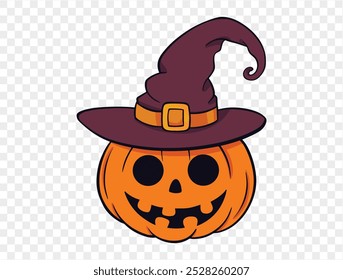 Hand drawn Halloween pumpkin with witch hat, brush stroke style, isolated on transparent background (PNG), perfect for Halloween party posters, brochures, or online ads, vector illustration.