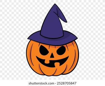 Hand drawn Halloween pumpkin with witch hat, brush stroke style, isolated on transparent background (PNG), perfect for Halloween party posters, brochures, or online ads, vector illustration.