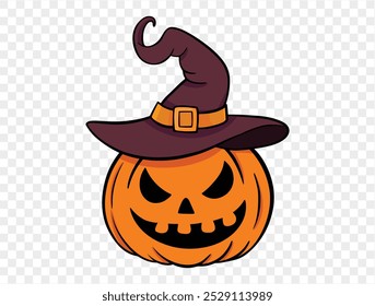 Hand drawn Halloween pumpkin with witch hat, brush stroke style, isolated on transparent background (PNG), perfect for Halloween party posters, brochures, or online ads, vector illustration.