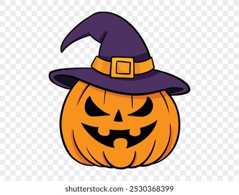 Hand drawn Halloween pumpkin with witch hat, brush stroke style, isolated on transparent background (PNG), perfect for Halloween party posters, brochures, or online ads, vector illustration.