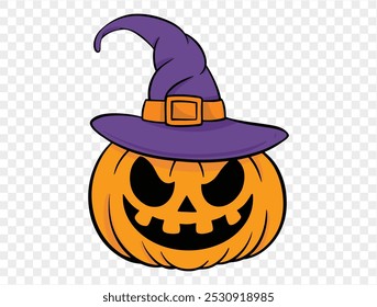 Hand drawn Halloween pumpkin with witch hat, brush stroke style, isolated on transparent background (PNG), perfect for Halloween party posters, brochures, or online ads, vector illustration.