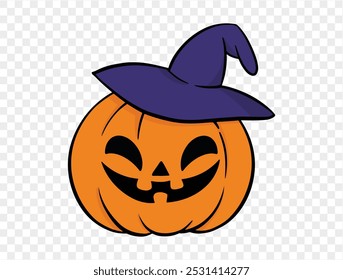 Hand drawn Halloween pumpkin with witch hat, brush stroke style, isolated on transparent background (PNG), perfect for Halloween party posters, brochures, or online ads, vector illustration.