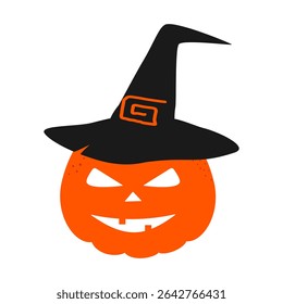 Hand Drawn Halloween Pumpkin in witch hat with decorative buckle Halloween Greetings Cute Character