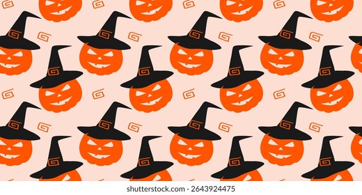 Hand Drawn Halloween Pumpkin in Witch Hat and Decorative element Seamless pattern Halloween Greeting