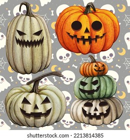 Colección de calabazas de halloween dibujadas a mano, patrón de Halloween 