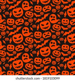 Hand drawn halloween pumpkins and ghost seamless pattern. Endless background with bats, candies, and joyful smile. Vector spook illustration wallpaper.