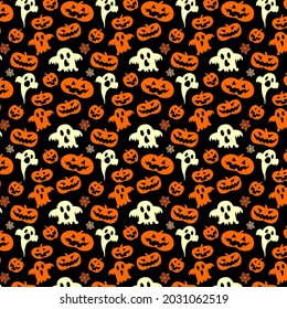 Hand drawn halloween pumpkins and ghost seamless background. Vector spook illustration wallpaper.