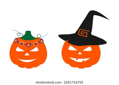 Hand Drawn Halloween Pumpkins in hearts wreath and in Witch Hat Cute Characters Halloween elements