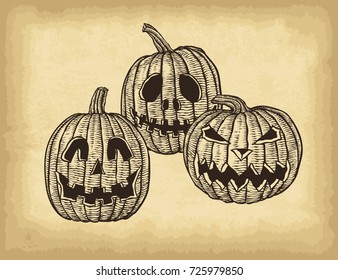 Hand drawn Halloween pumpkins on old craft paper texture background. Template for your design works. Engraving style vector illustration.