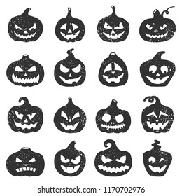 Hand drawn Halloween pumpkins. Pumpkin black grunge silhouette to Halloween holiday illustration. Jack-o-Lantern silhouette set. Pumpkins with different facial expressions