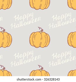 Hand drawn halloween pumpkins retro seamless pattern with greeting hand lettering sign. Happy Halloween hipster background. Vector illustration