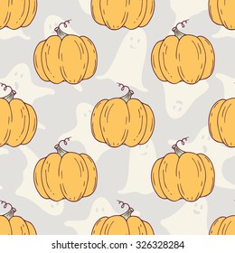 Hand drawn halloween pumpkins seamless pattern with ghosts silhouettes. Halloween retro hipster background. Vector illustration