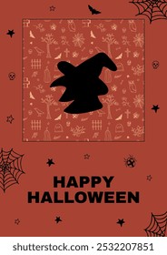 Hand drawn Halloween red poster in doodle style. Illustrations of witch silhouette, spiders, web. Great for posters, flyers, banners, greeting cards, invitations.