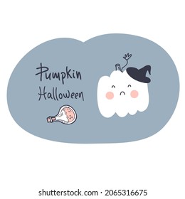 Hand drawn Halloween sad pumpkin in witch hat with magic potion. Perfect for poster, textile and prints. Doodle vector illustration for decor and design.
