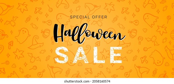 Hand drawn Halloween sale design, fun background with decoration, great for banners, vouchers, wallpapers, promotions - vector design