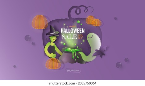 Hand drawn halloween sale promotion banner. Purple background with witch, ghost, pumpkin and cauldron. Vector illustration