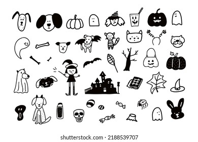 Hand drawn Halloween scary design elements set  Doodle pumpkin  dog  cat  ghost  which  bat  Cute drawing vector illustration isolated white background
