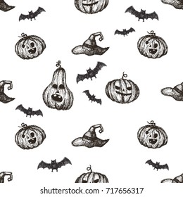 Hand drawn halloween scary seamless pattern on white background.