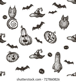 Hand drawn halloween scary seamless pattern on white background.