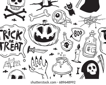 Hand Drawn Halloween Seamless Background .  