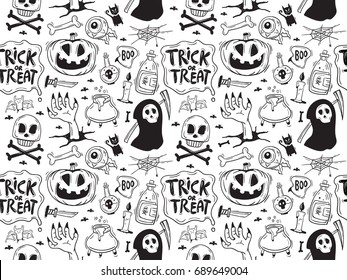 Hand Drawn Halloween Seamless Background . 