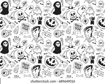 Hand Drawn Halloween Seamless Background . 