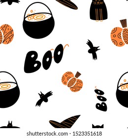 Hand drawn Halloween seamless pattern with orange pumpkins, black cats, bat and witch pots. - Vector