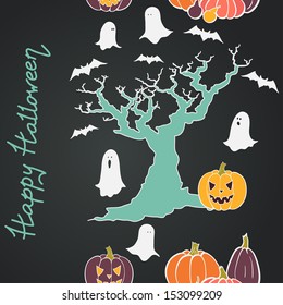 Hand drawn halloween seamless pattern with cartoon spooky tree, ghost, bat, pumpkin and Jack-o'-lantern. Halloween doodle elements on chalkboard background.