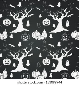 Hand drawn halloween seamless pattern with cartoon spooky tree, ghost, bat, pumpkin and Jack-o'-lantern. Halloween doodle elements on chalkboard background.