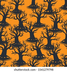 Hand drawn halloween seamless pattern with cartoon spooky leafless tree silhouettes. Shadows elements on orange backdrop. Design background for fluer or party poster