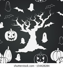 Hand drawn halloween seamless pattern with cartoon spooky tree, ghost, bat, pumpkin and Jack-o'-lantern. Halloween doodle elements on chalkboard background.