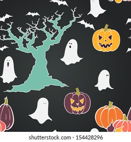 Hand drawn halloween seamless pattern with cartoon spooky tree, ghost, bat, pumpkin and Jack-o'-lantern. Halloween doodle elements on chalkboard background.