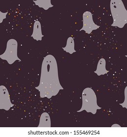 Hand drawn halloween seamless pattern with cartoon spooky ghosts.
