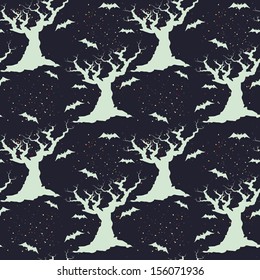 Hand drawn halloween seamless pattern with cartoon spooky tree silhouette with bats.