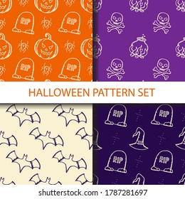 Hand drawn halloween seamless pattern set.