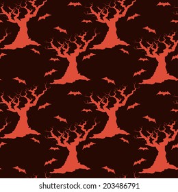 Hand drawn halloween seamless pattern with cartoon spooky tree silhouette and bats.