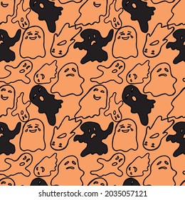 Handgezeichnetes, nahtloses Halbkuppelmuster. Schwarze Geisterumrisse auf orangefarbenem Hintergrund. Vektorgrafik.