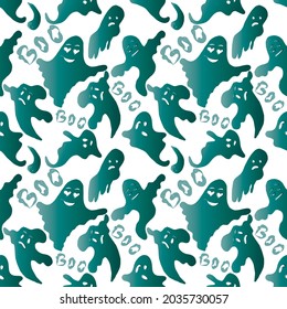 Patrón sin fisuras dibujado a mano en Halloween. Los fantasmas verdes sobre un fondo de transporte. Ilustración vectorial.