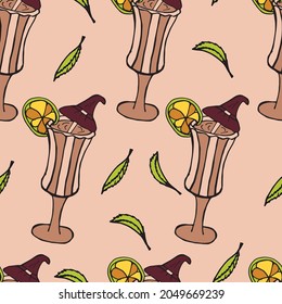Hand drawn halloween seamless pattern. Vector illustration with cocktail in doodle style for wrapping paper and covers. 