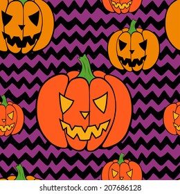 Hand drawn halloween seamless pattern with cartoon spooky pumpkin Jack-o'-lanterns. Tiling doodle chevron background.