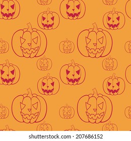 Hand drawn halloween seamless pattern with cartoon spooky pumpkin Jack-o'-lanterns.