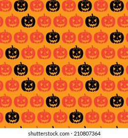Hand drawn halloween seamless pattern with cartoon spooky Jack-o'-lanterns. Tiling background with doodle pumpkin silhouettes.
